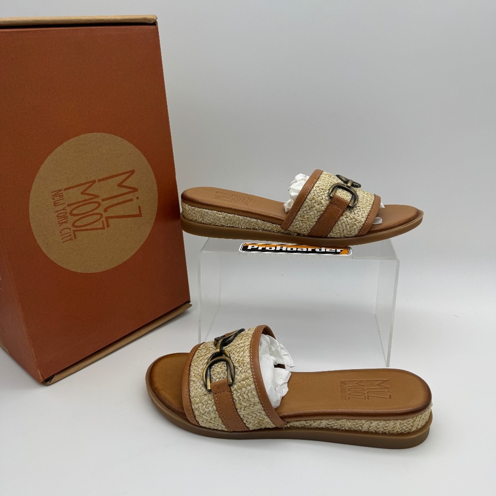 NEW Miz Mooz Leather and Raffia Slide Brandy Sandals EUR37